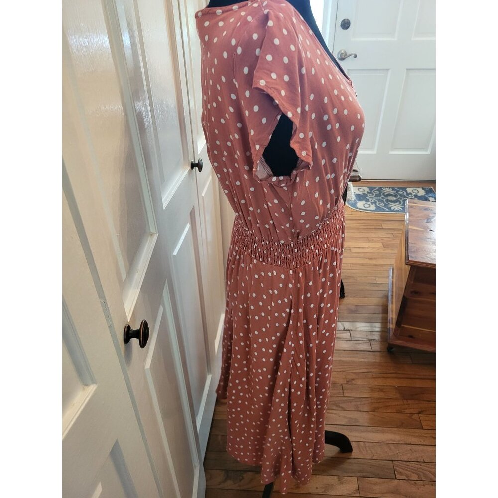 50s Inspired Terracotta Polka Dot Rayon Dress  M Smocked Waist Twee TradWife - Picture 4 of 5